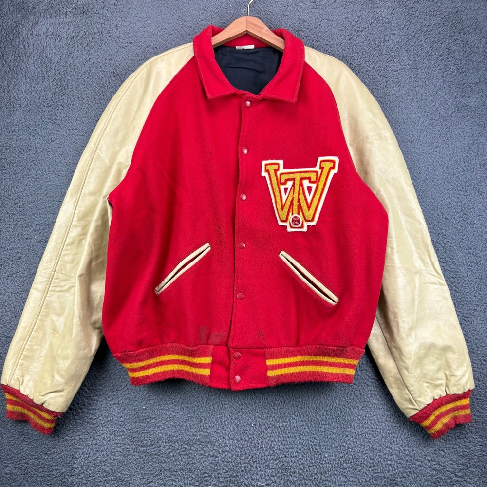 Vintage Howe Athletic Apparel Varsity Jacket Red Leather Sleeves Mens 52 USA